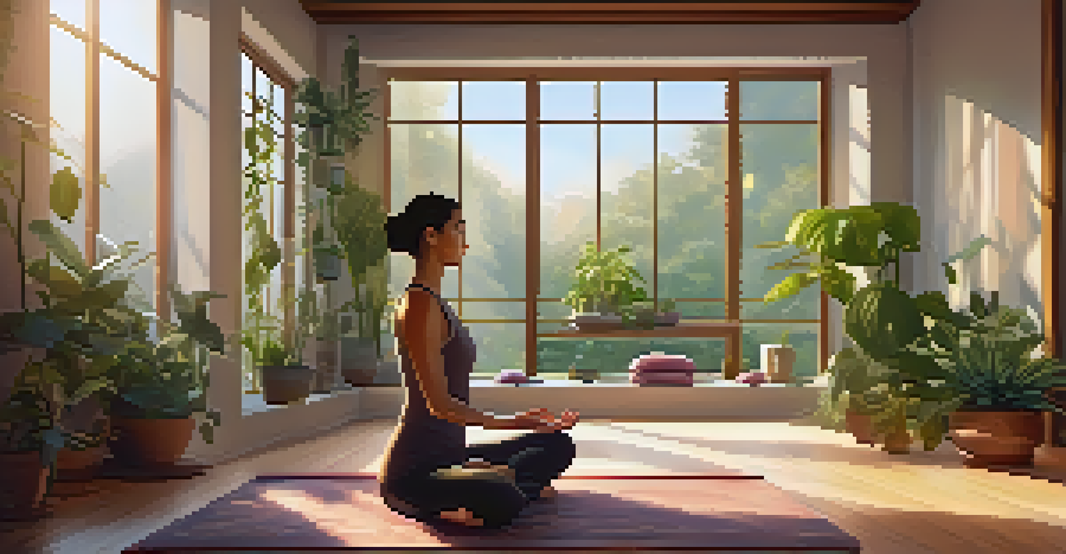 A person practicing yoga in a bright, cozy room filled with plants and sunlight, fostering a serene and calming environment.