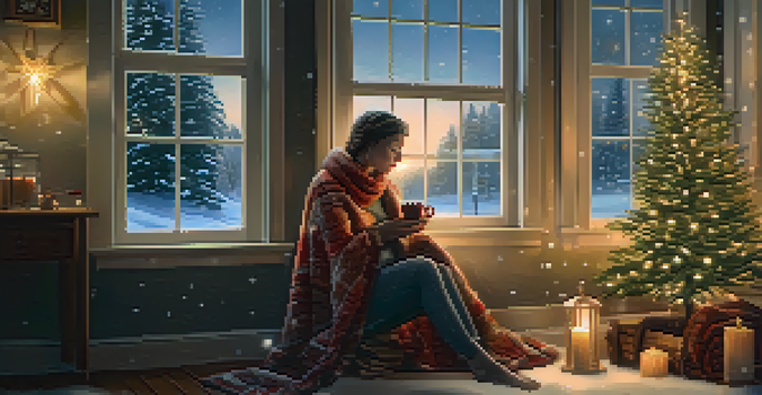 A person in a warm blanket by a window, enjoying a hot drink while snow falls outside, with cozy decorations around them.
