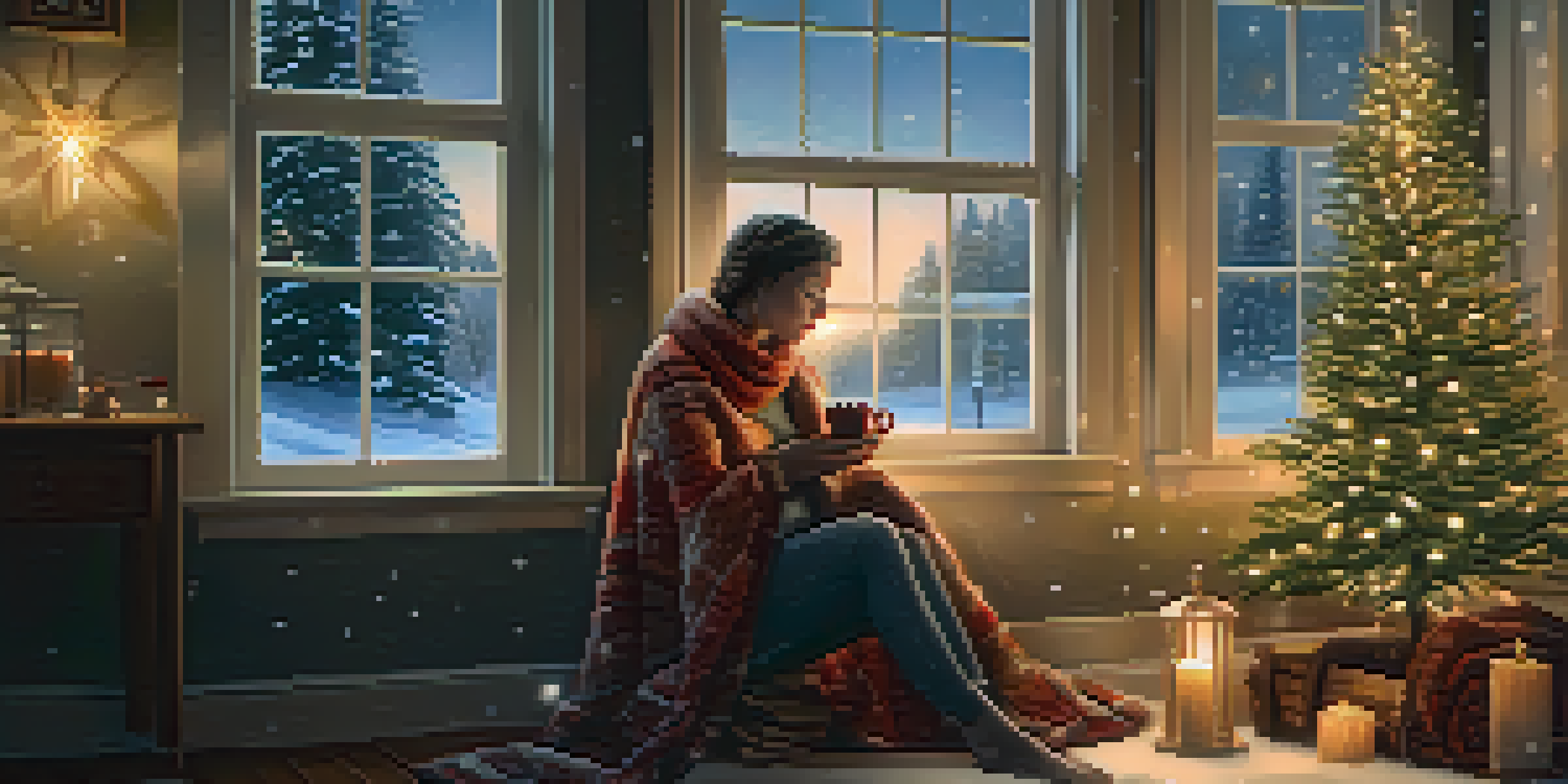 A person in a warm blanket by a window, enjoying a hot drink while snow falls outside, with cozy decorations around them.