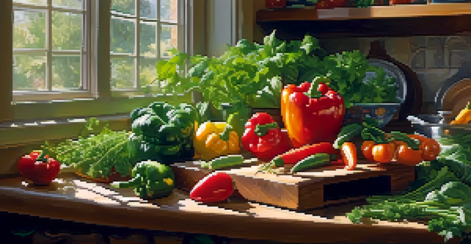 A bright kitchen with colorful vegetables and herbs, a steaming pot on the stove, and sunlight streaming through a window.
