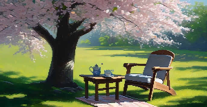 A cozy armchair under a cherry blossom tree with a journal and cup of tea on a table, illuminated by soft sunlight.