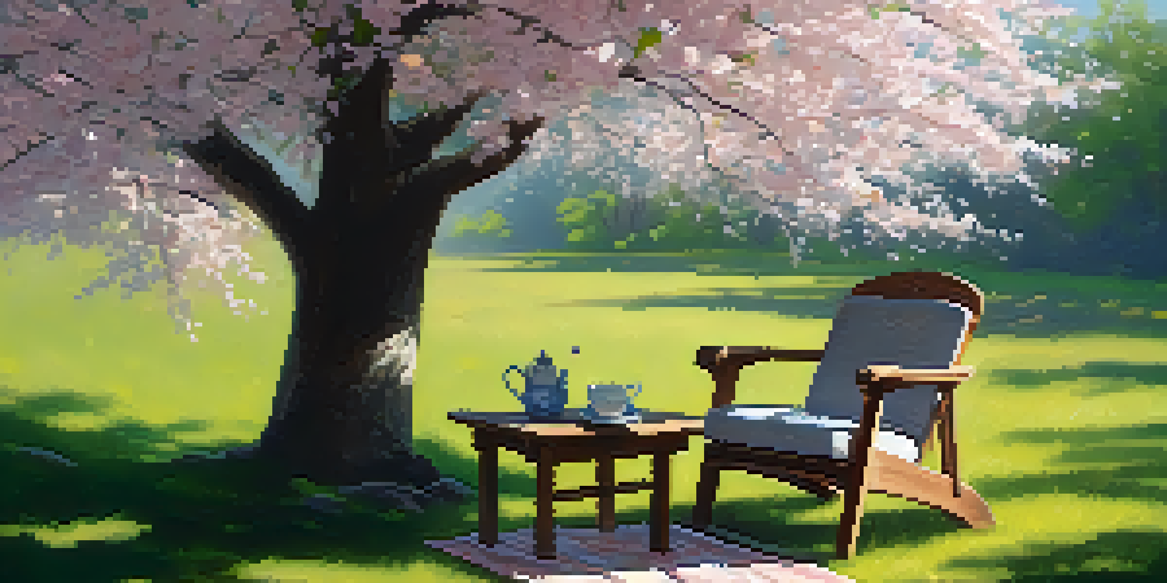 A cozy armchair under a cherry blossom tree with a journal and cup of tea on a table, illuminated by soft sunlight.
