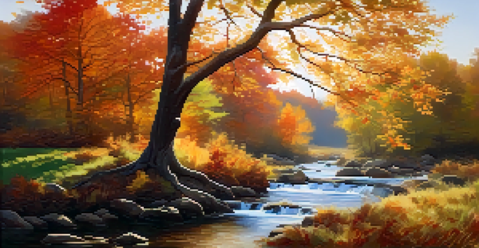 A sturdy tree in vibrant autumn colors, symbolizing resilience, with sunlight filtering through the leaves and a gentle stream nearby.