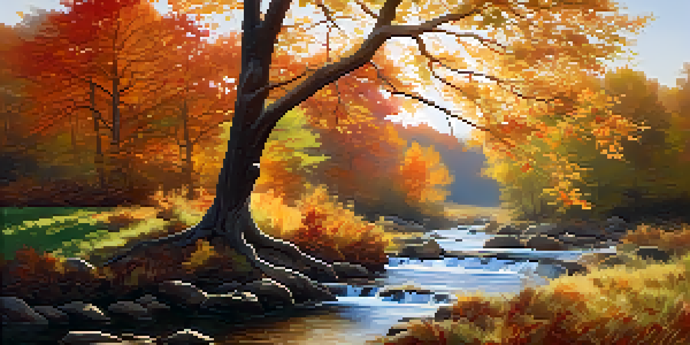 A sturdy tree in vibrant autumn colors, symbolizing resilience, with sunlight filtering through the leaves and a gentle stream nearby.