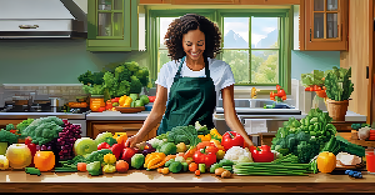 A bright kitchen with fresh fruits and vegetables on a countertop, depicting a person cooking a healthy meal.