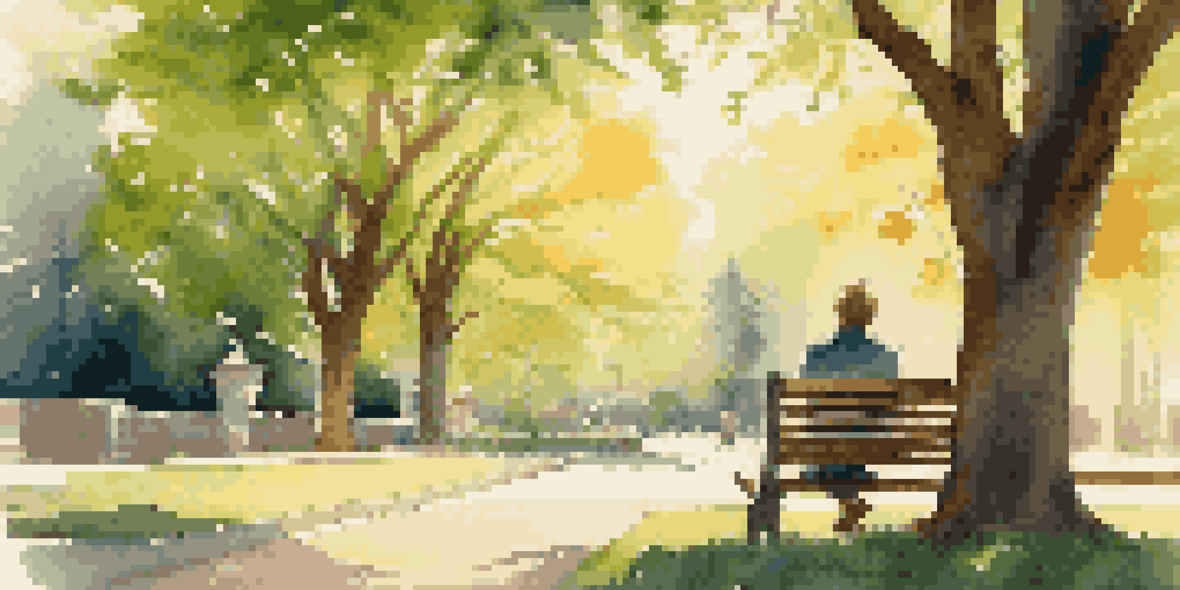 A peaceful park with a person reading a book on a bench surrounded by trees and warm sunlight.