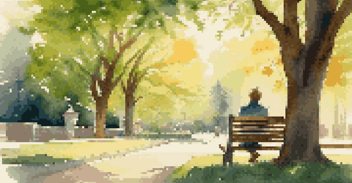 A peaceful park with a person reading a book on a bench surrounded by trees and warm sunlight.