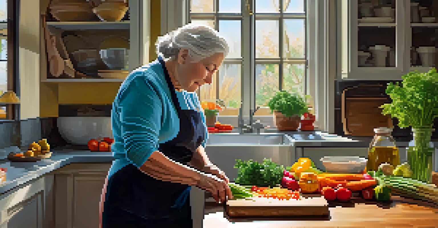 An elderly woman cooking a healthy meal in a bright kitchen filled with fresh vegetables and grains.