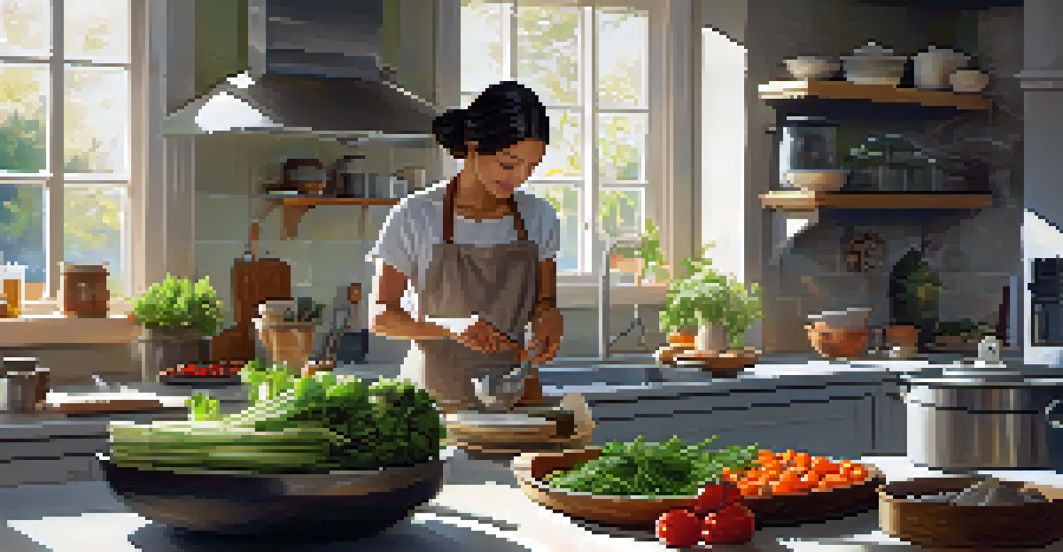 A person preparing a meal in a cozy kitchen, focusing on the cooking process with fresh ingredients around.