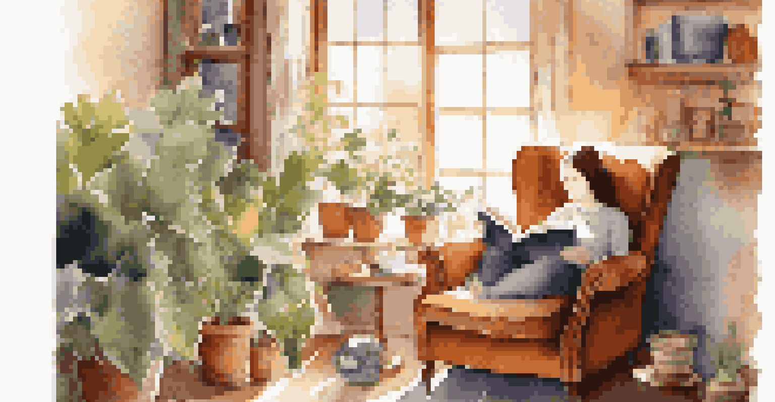 A person reading a book in a cozy armchair with sunlight coming through the window, surrounded by plants.