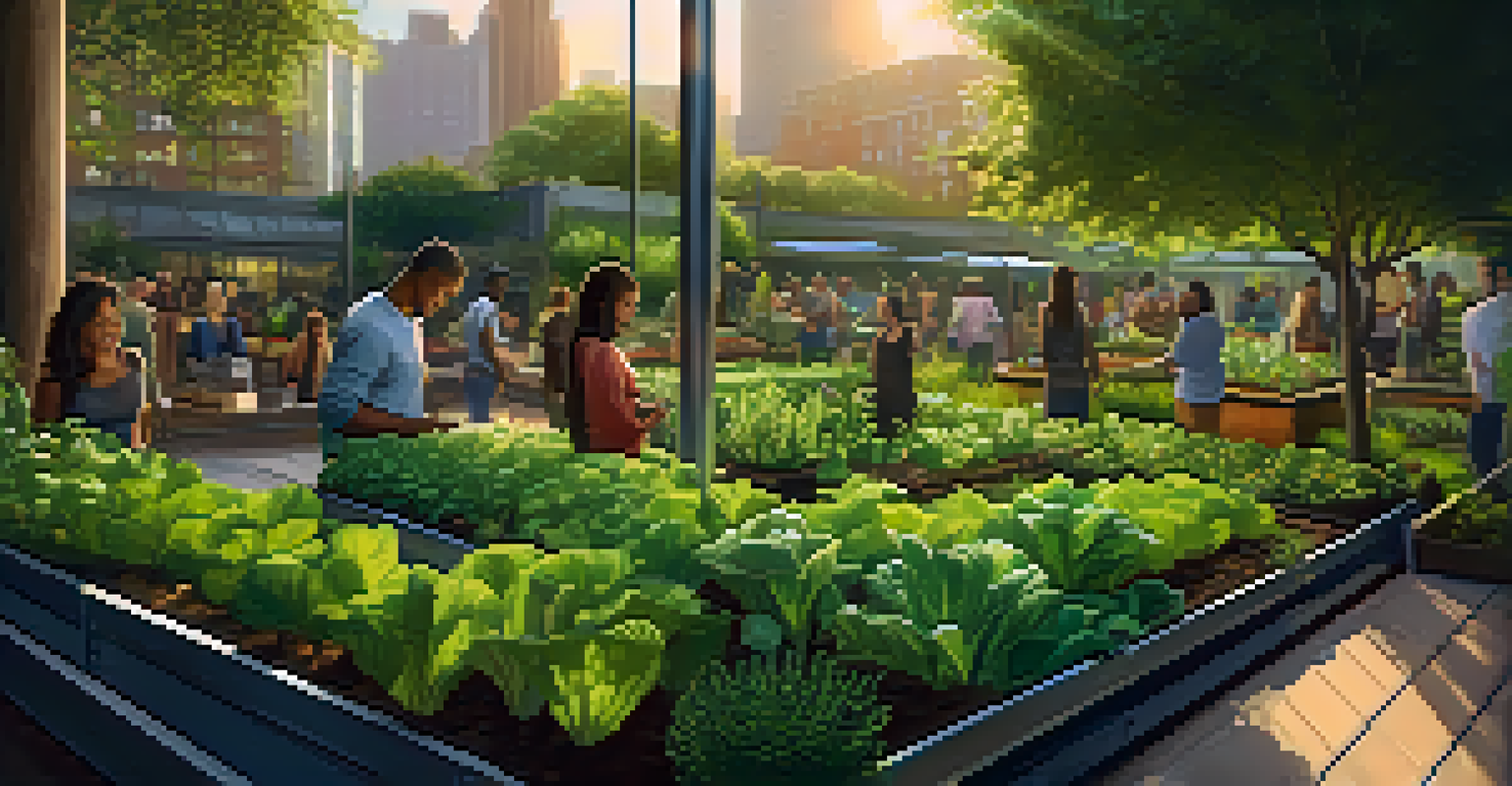 A community urban garden featuring vertical farming, with people working together, bathed in soft evening light.