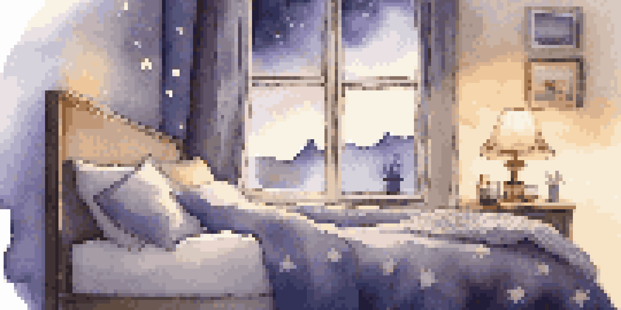 A cozy bedroom with a warm and inviting atmosphere, featuring a bed, chamomile tea, and a diffuser with lavender oil.