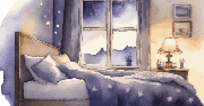 A cozy bedroom with a warm and inviting atmosphere, featuring a bed, chamomile tea, and a diffuser with lavender oil.