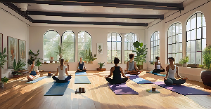 A diverse group of individuals practicing yoga in a serene studio, with natural light and plants visible outside.