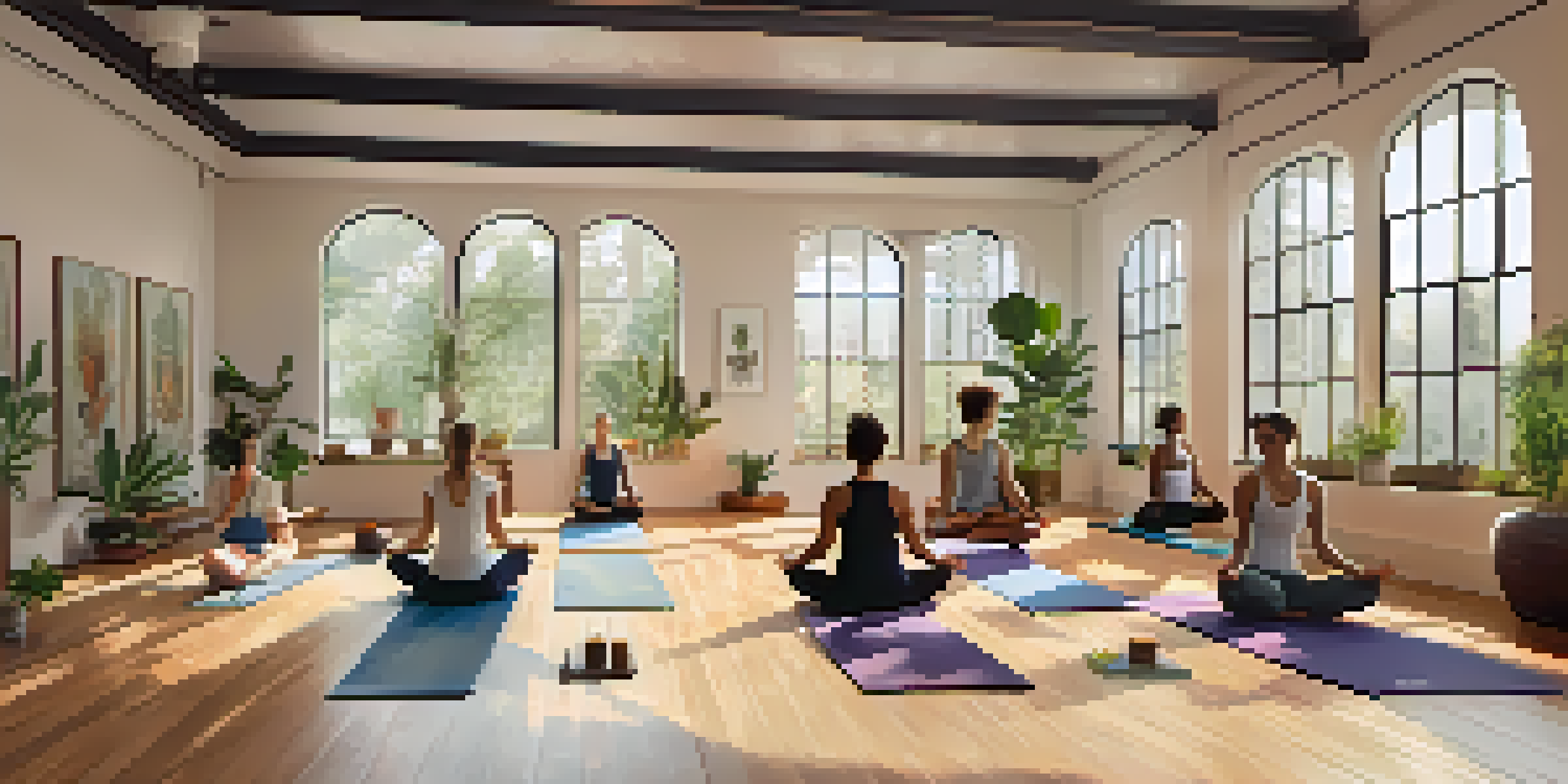 A diverse group of individuals practicing yoga in a serene studio, with natural light and plants visible outside.