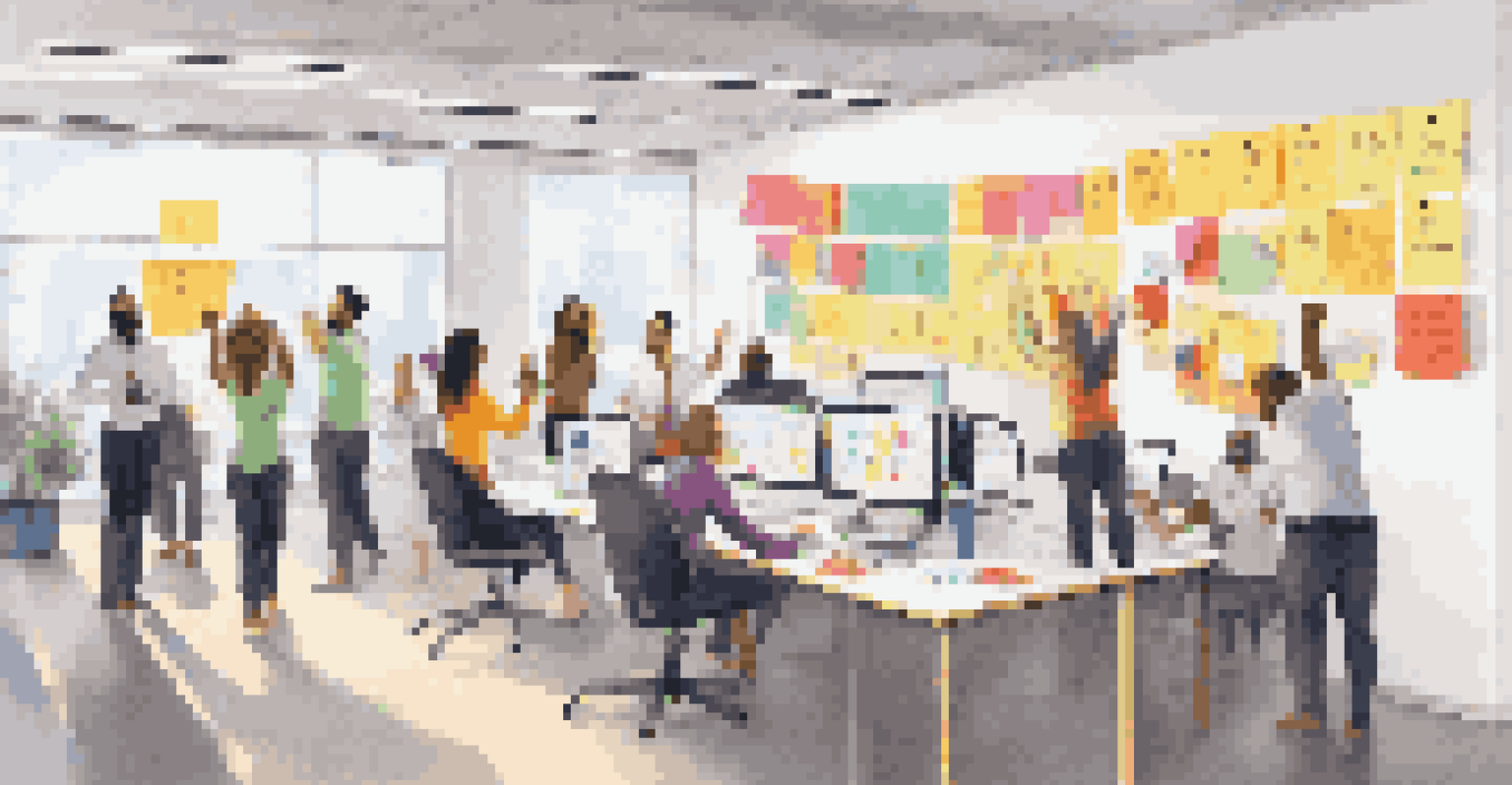A bright workspace featuring a whiteboard with sticky notes and employees celebrating achievements in an engaging office.