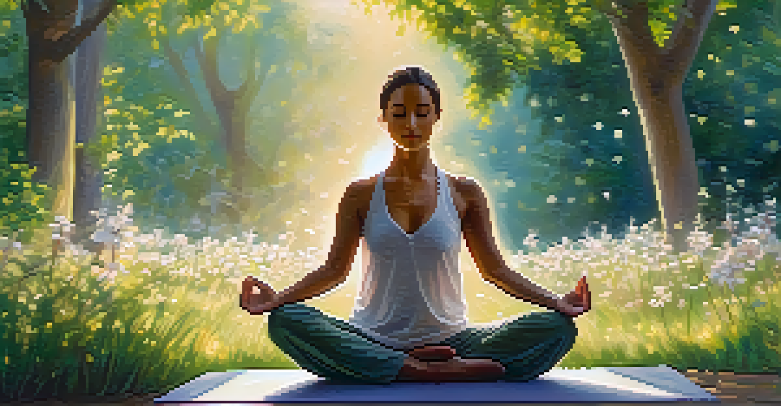 A person practicing yoga in a green park during sunrise, surrounded by flowers and trees.