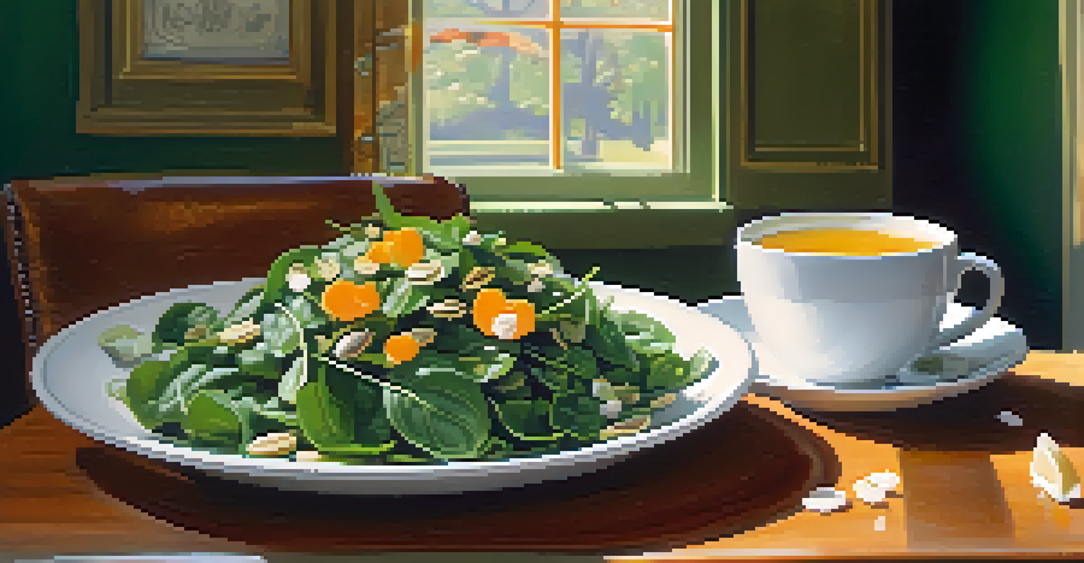 A close-up of a spinach salad with pumpkin seeds next to a cup of chamomile tea, illuminated in soft light.
