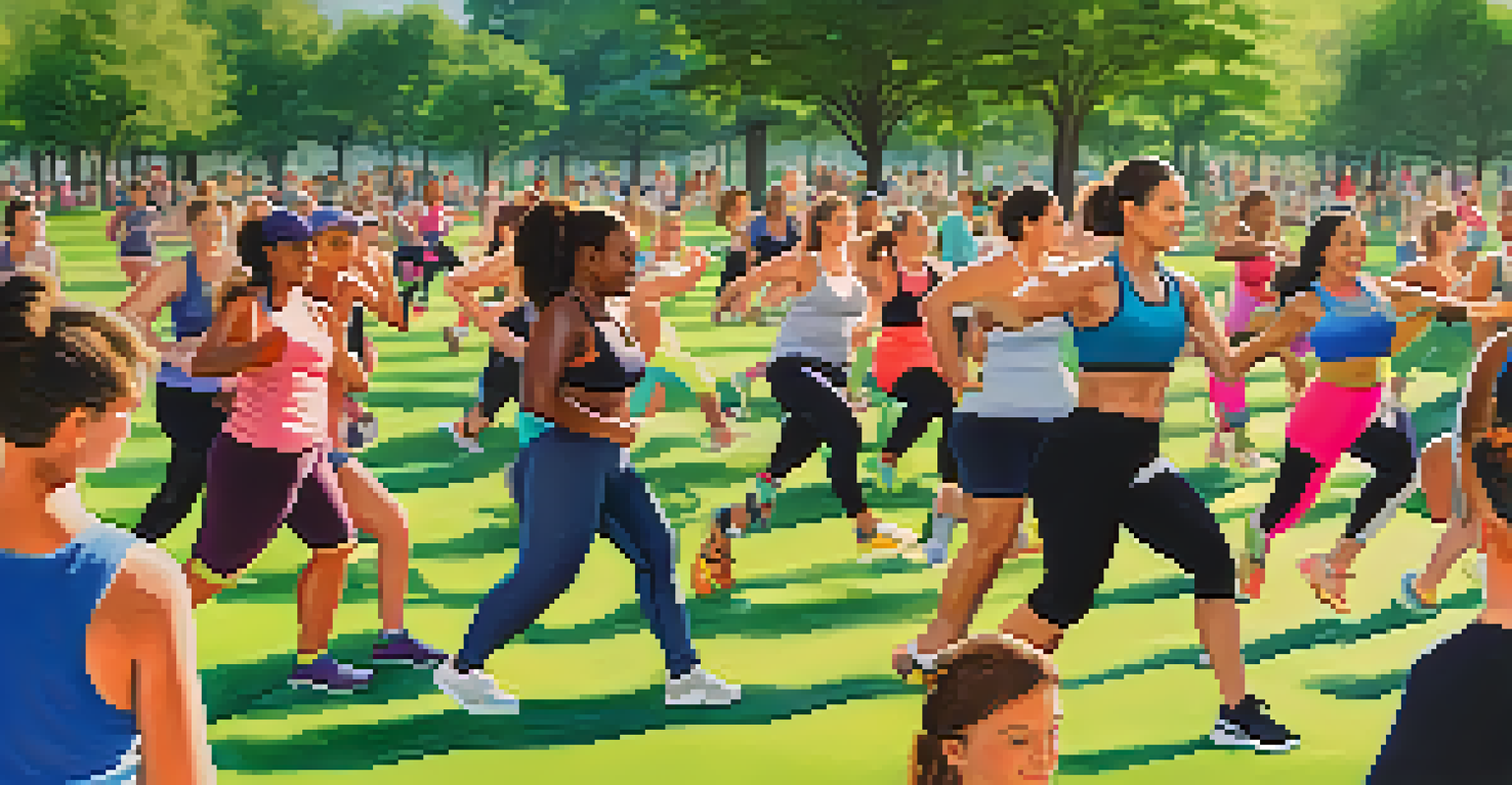 An outdoor fitness class in a sunny urban park, with diverse participants following an instructor in a vibrant and healthy environment.