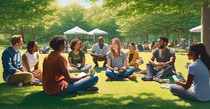 A diverse group of people sitting in a circle outdoors, discussing mental health in a park setting.