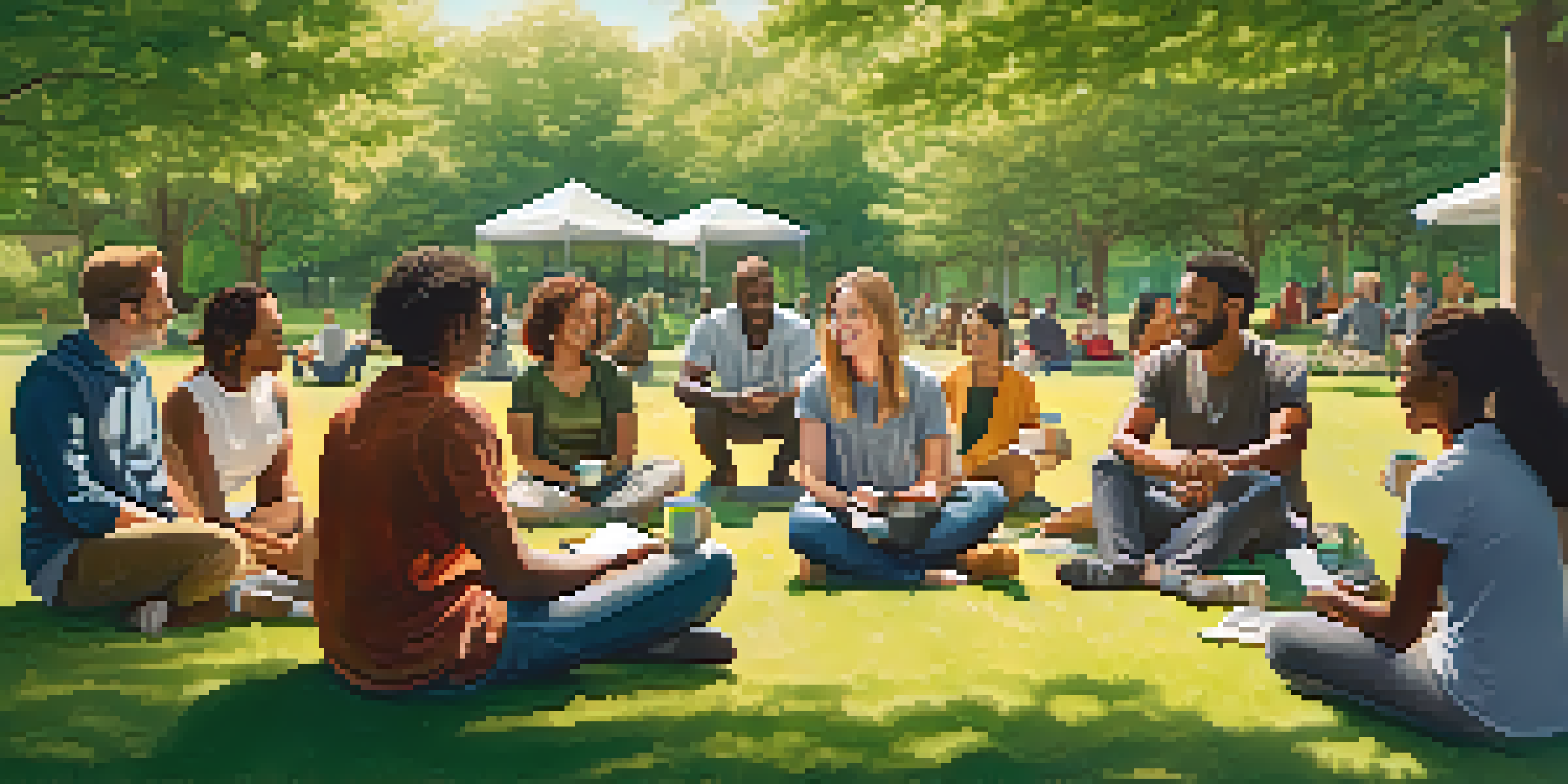 A diverse group of people sitting in a circle outdoors, discussing mental health in a park setting.