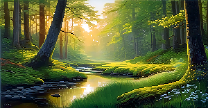 A tranquil forest scene with soft morning light, green moss, and colorful wildflowers by a clear stream.