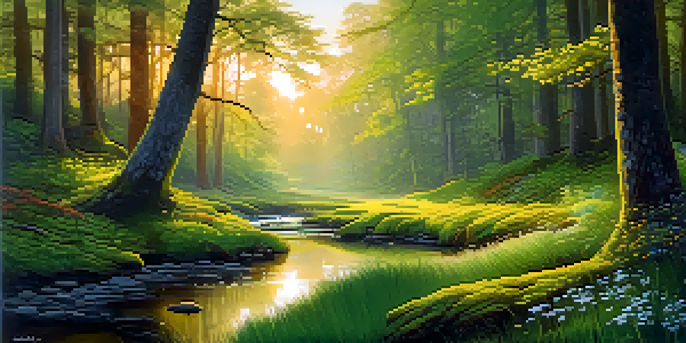 A tranquil forest scene with soft morning light, green moss, and colorful wildflowers by a clear stream.