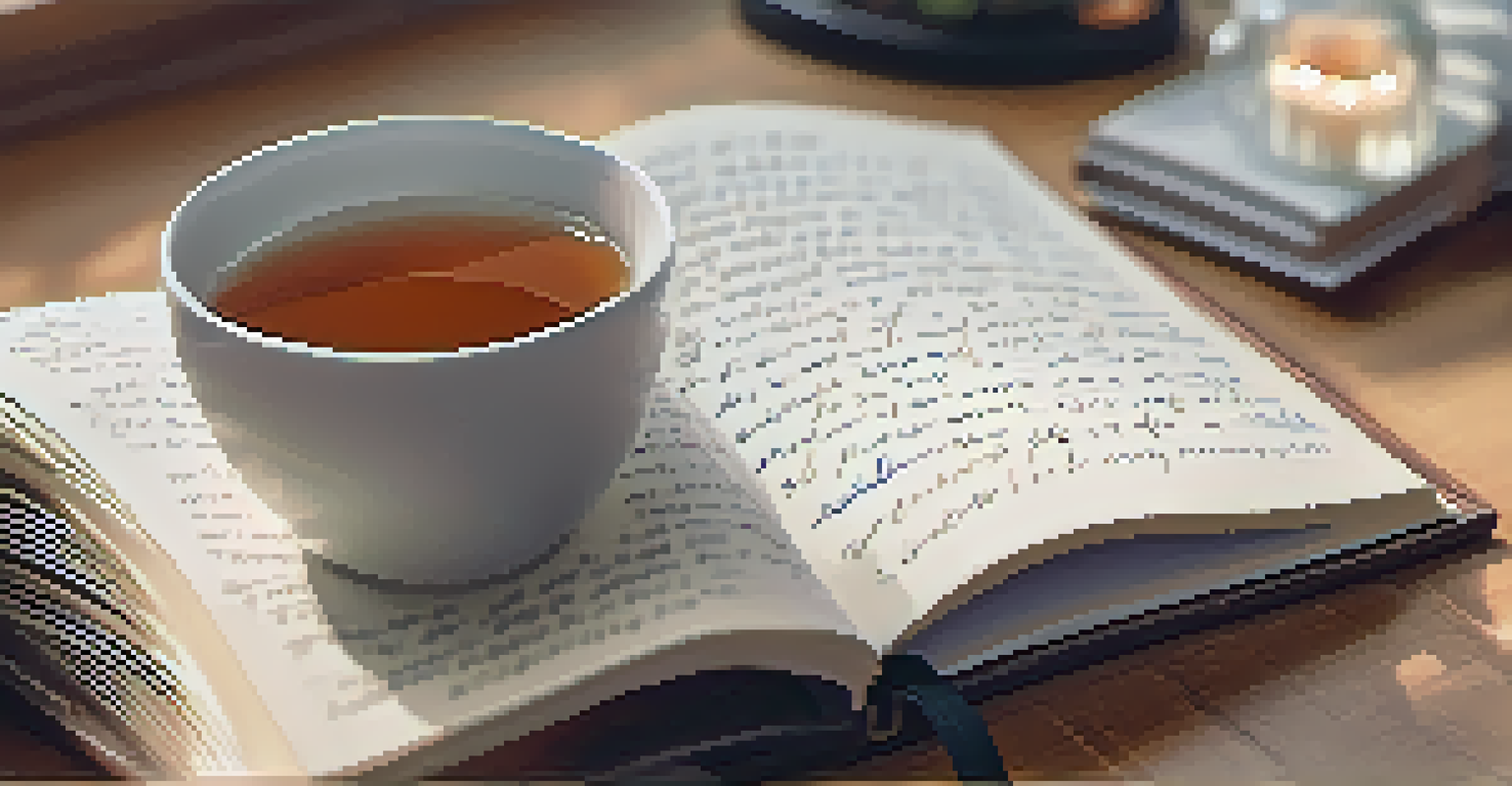 Close-up of a hand writing in a journal with motivational quotes, set against a cozy desk background.