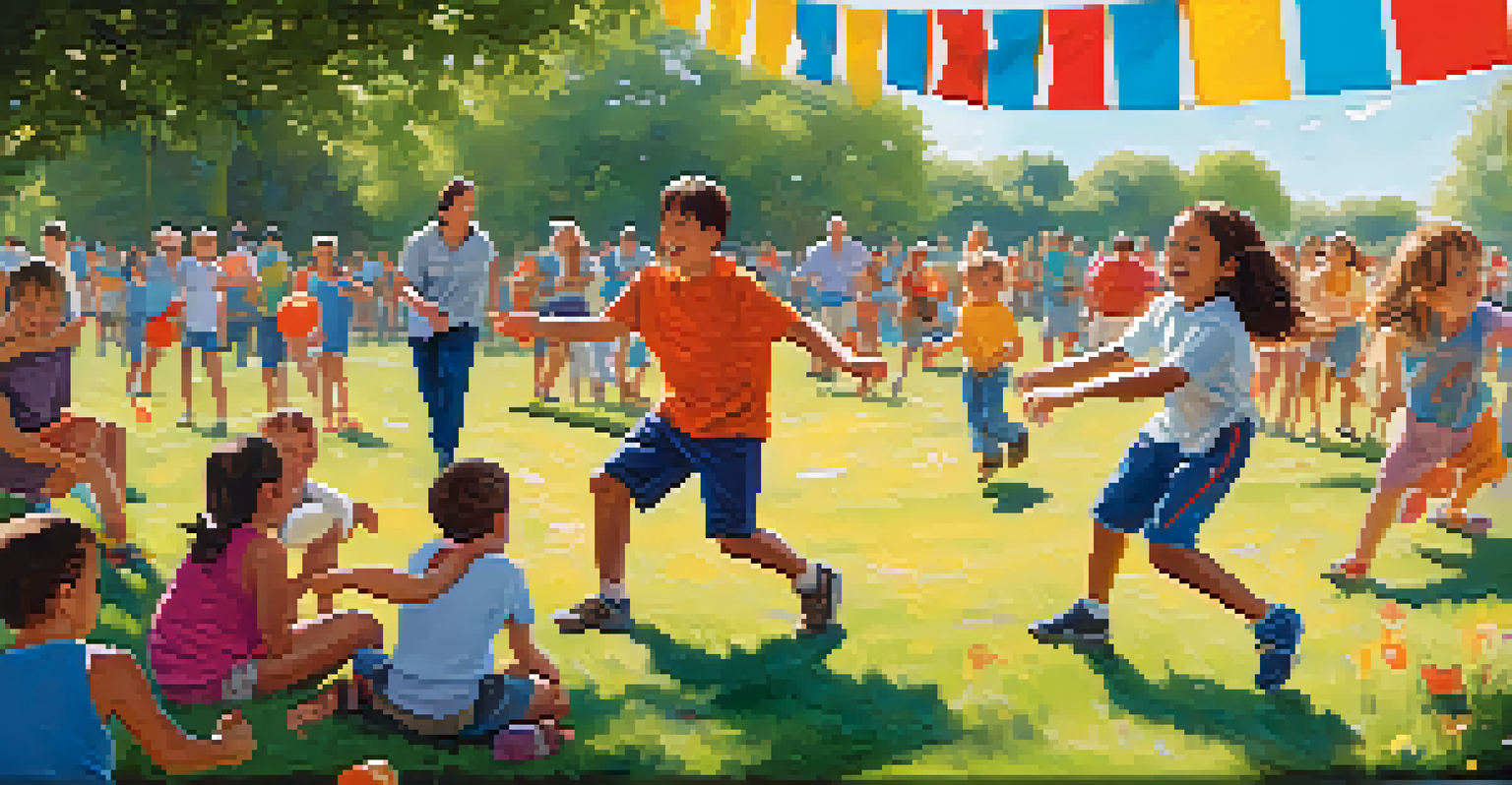 Families enjoying various sports activities in a park, with children playing and parents cheering.
