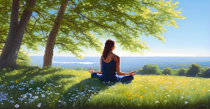 A person meditating on a grassy hill surrounded by wildflowers under a clear blue sky, with sunlight filtering through trees.