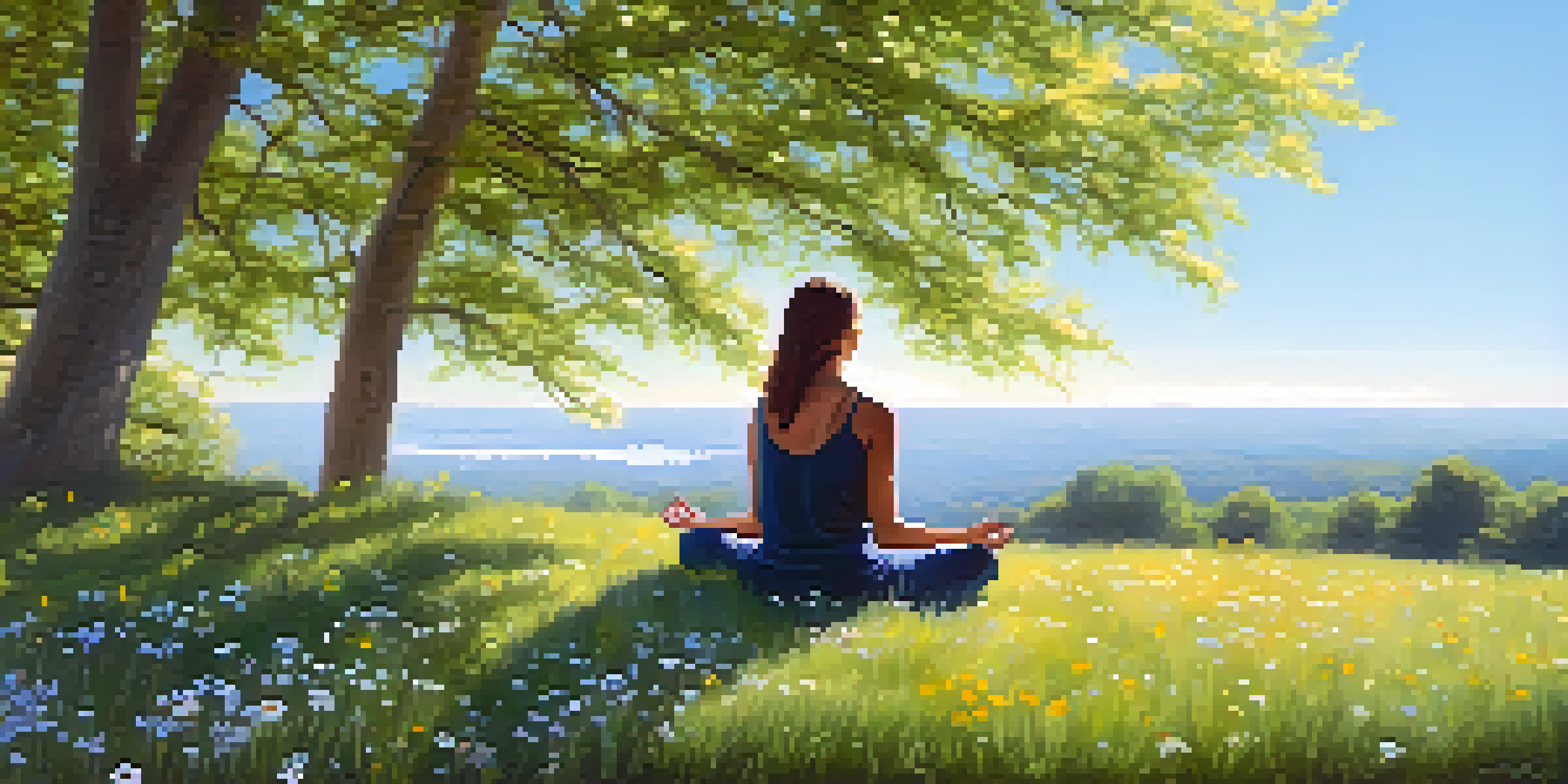 A person meditating on a grassy hill surrounded by wildflowers under a clear blue sky, with sunlight filtering through trees.