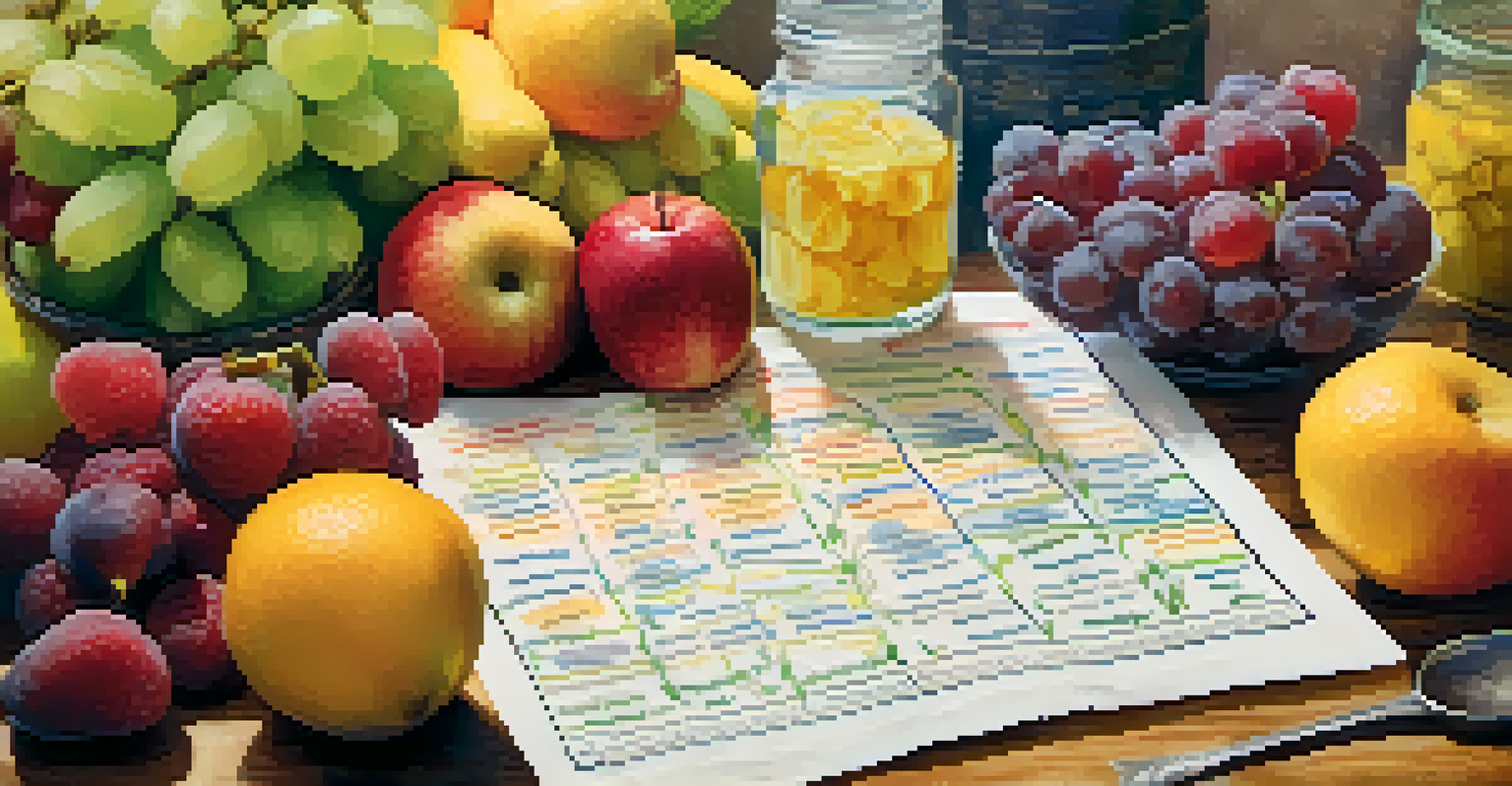A close-up of a family health history chart on a wooden table surrounded by fruits, symbolizing health and wellness.