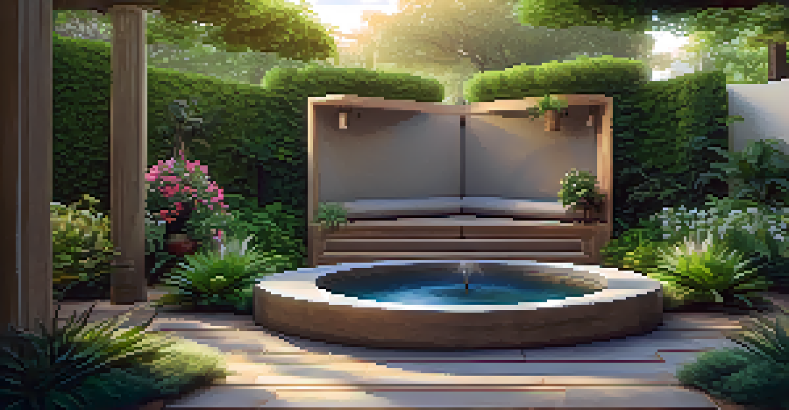 An outdoor meditation nook in a garden with sustainable seating, plants, and a water fountain, enhanced by warm lighting.