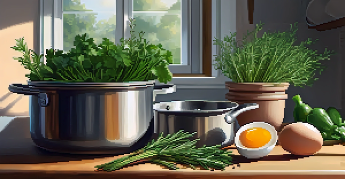 A bright kitchen with a saucepan of simmering broth, fresh herbs, and a bowl of eggs on the countertop, illuminated by sunlight.