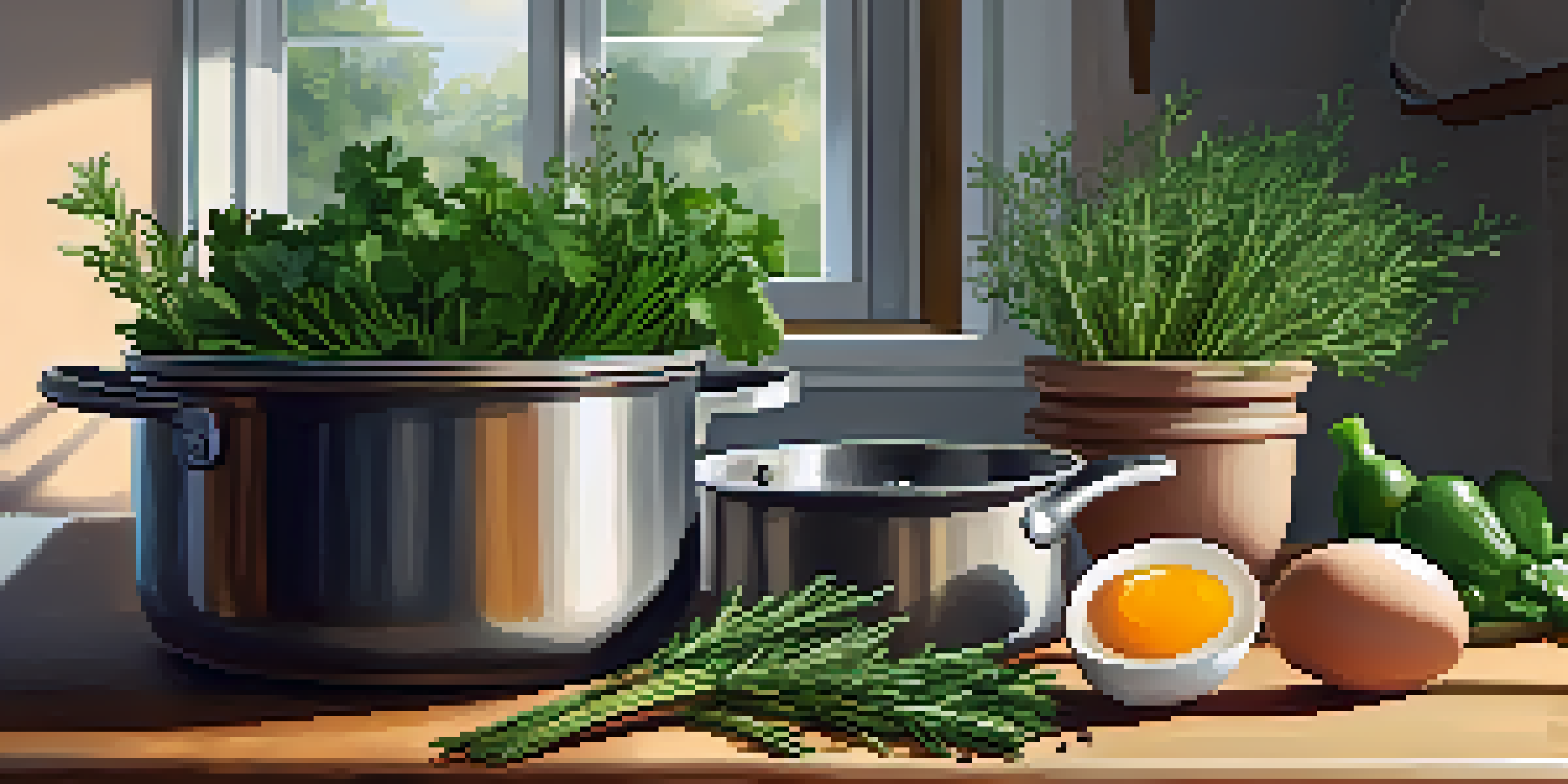 A bright kitchen with a saucepan of simmering broth, fresh herbs, and a bowl of eggs on the countertop, illuminated by sunlight.