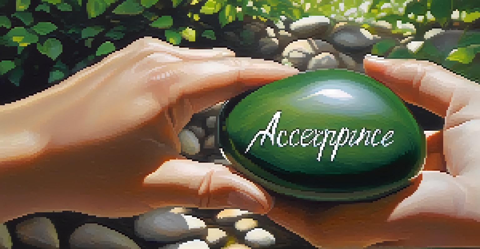 A close-up of hands holding a stone engraved with the word 'Acceptance' against a blurred natural background.