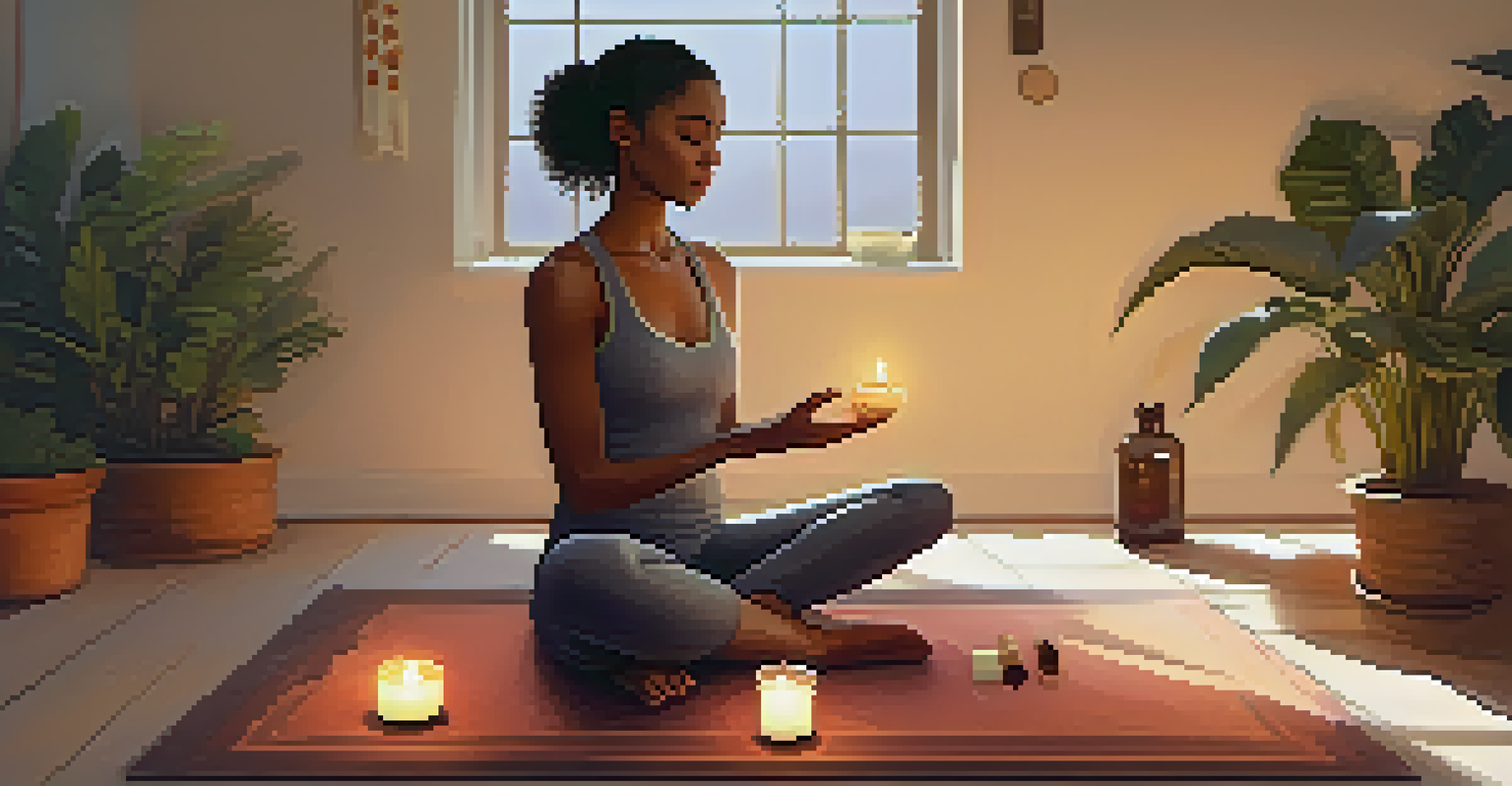 A person meditating with an essential oil roller bottle in a tranquil setting, surrounded by cushions, plants, and candlelight.