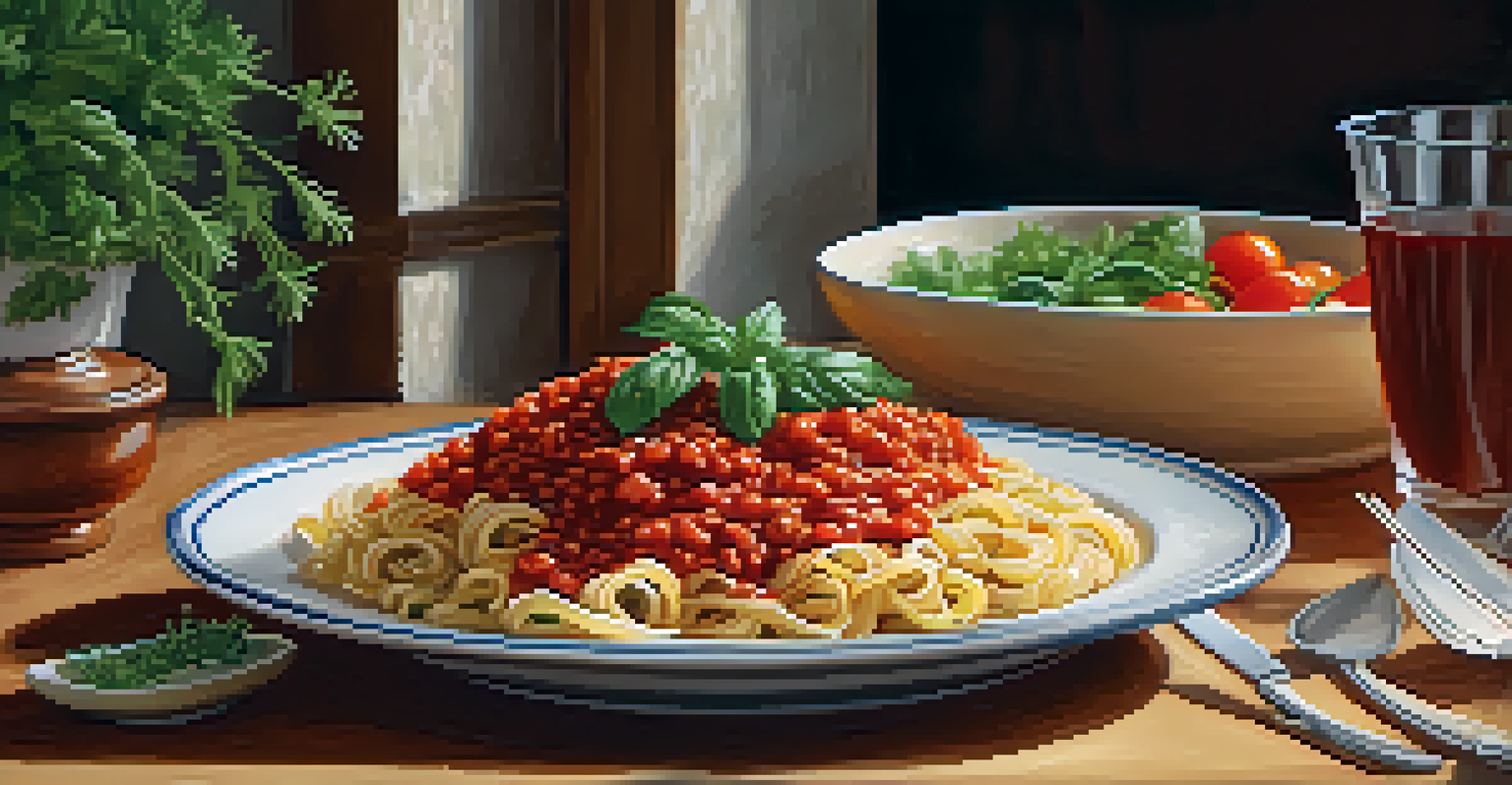 A plate of whole grain pasta with tomato sauce and fresh herbs, accompanied by steamed vegetables, displayed in a warmly lit kitchen setting.