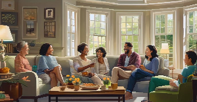 A family gathered in a cozy living room, sharing laughter and snacks, surrounded by warm lighting and a garden view.