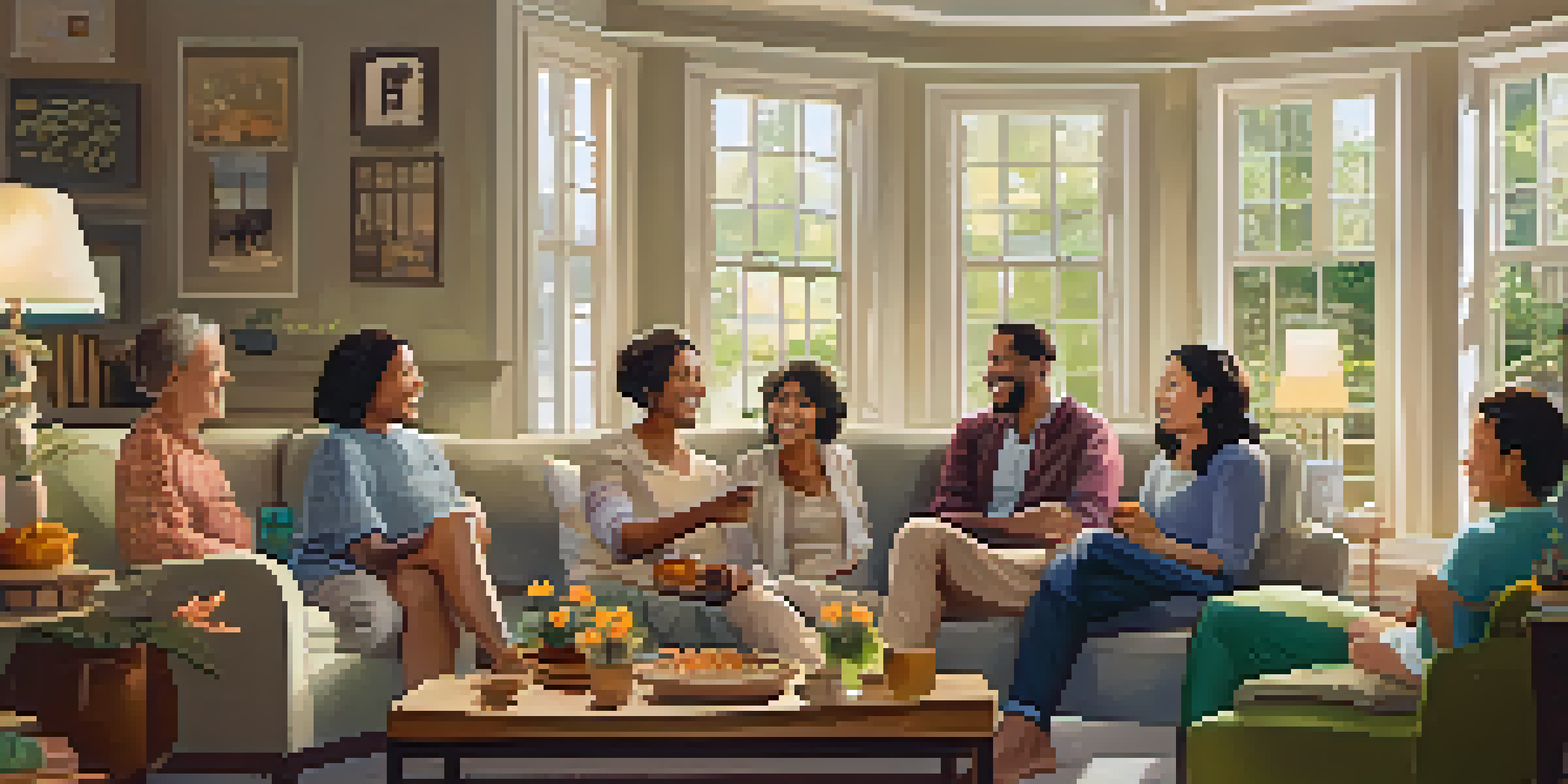 A family gathered in a cozy living room, sharing laughter and snacks, surrounded by warm lighting and a garden view.