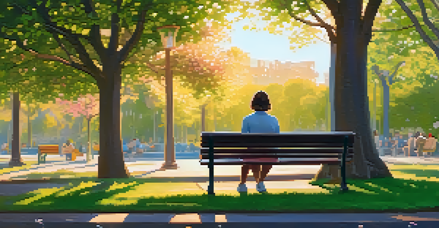 A person reading a book on a bench in a park during golden hour, surrounded by flowers and trees.