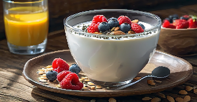 A close-up image of a breakfast bowl with yogurt, berries, chia seeds, and almonds on a wooden table, illuminated by soft morning light.