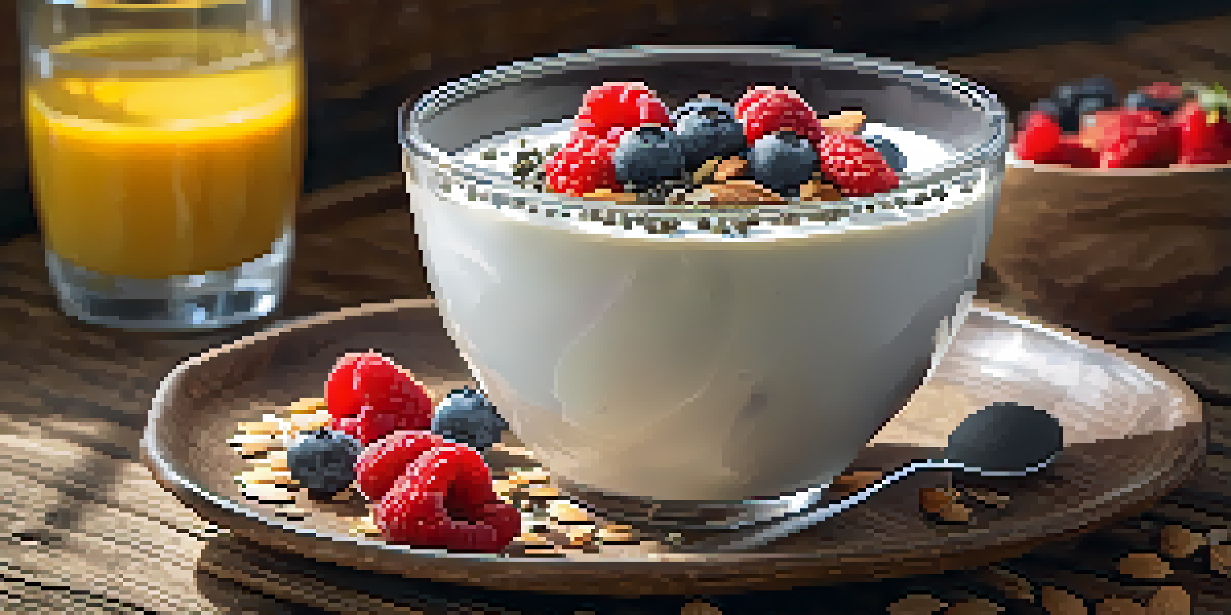 A close-up image of a breakfast bowl with yogurt, berries, chia seeds, and almonds on a wooden table, illuminated by soft morning light.