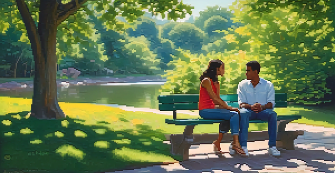 Two friends sitting on a park bench, having a heartfelt conversation amidst a beautiful park filled with greenery and flowers.