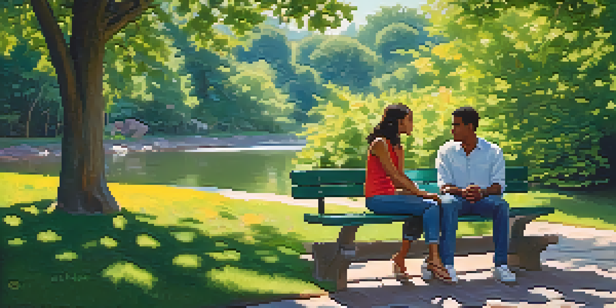 Two friends sitting on a park bench, having a heartfelt conversation amidst a beautiful park filled with greenery and flowers.