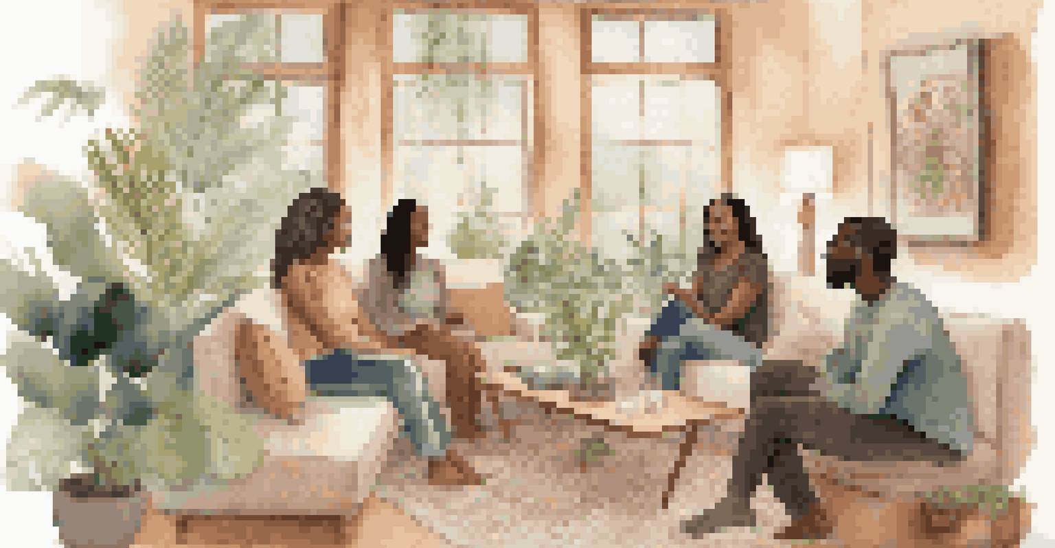 A diverse group of people sitting in a cozy room, engaged in a heartfelt discussion during a wellness retreat.