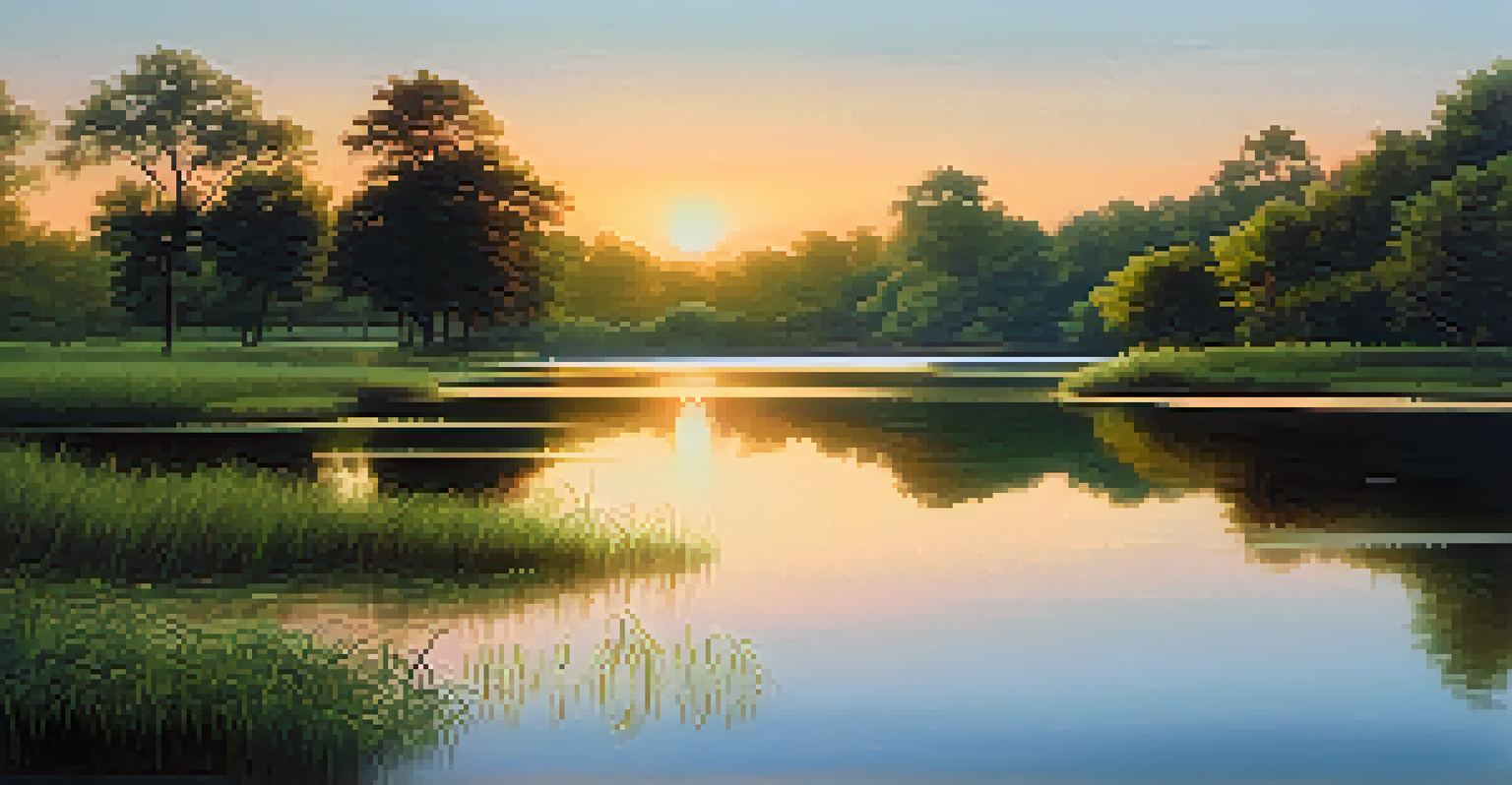 A tranquil landscape with a lake reflecting the sunset sky, surrounded by lush greenery, symbolizing balance and calm.