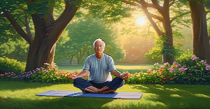An older man practicing yoga in a park at sunrise, surrounded by green trees and colorful flowers.