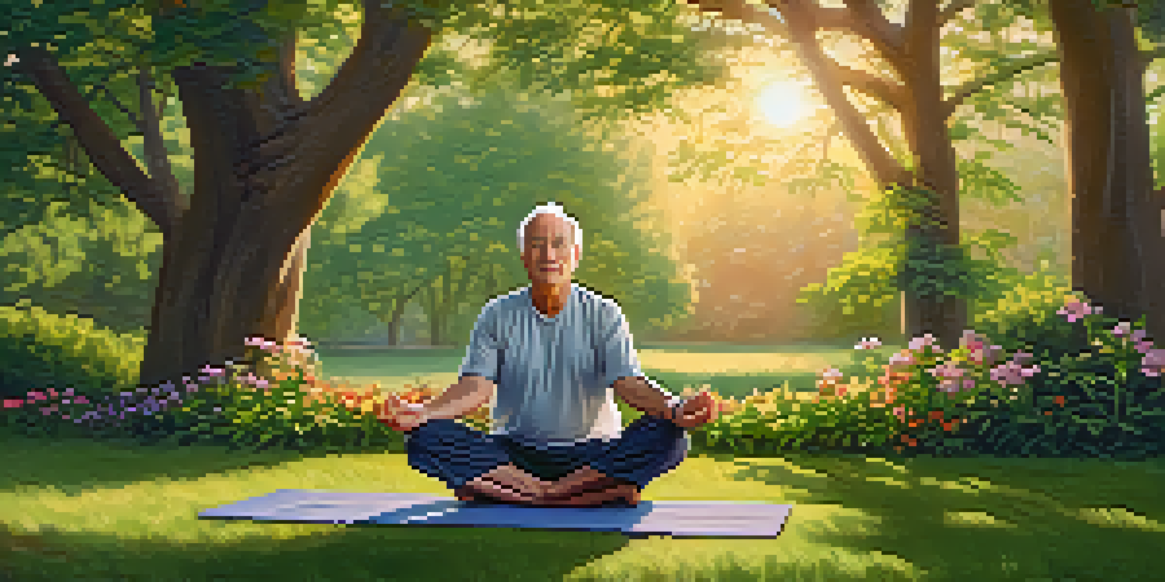 An older man practicing yoga in a park at sunrise, surrounded by green trees and colorful flowers.