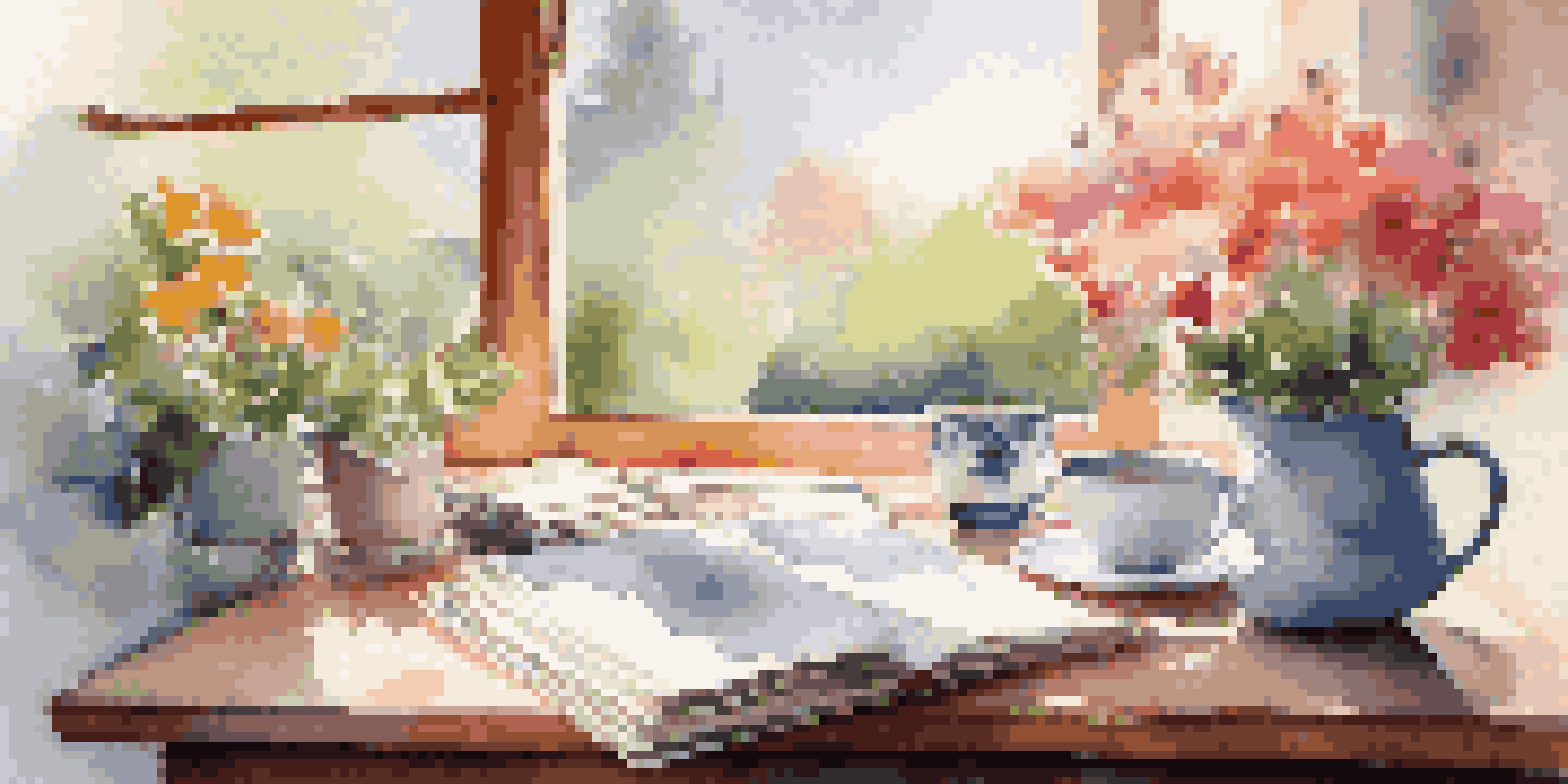 A cozy workspace with an open journal and a cup of tea by a sunlit window, overlooking a colorful garden.